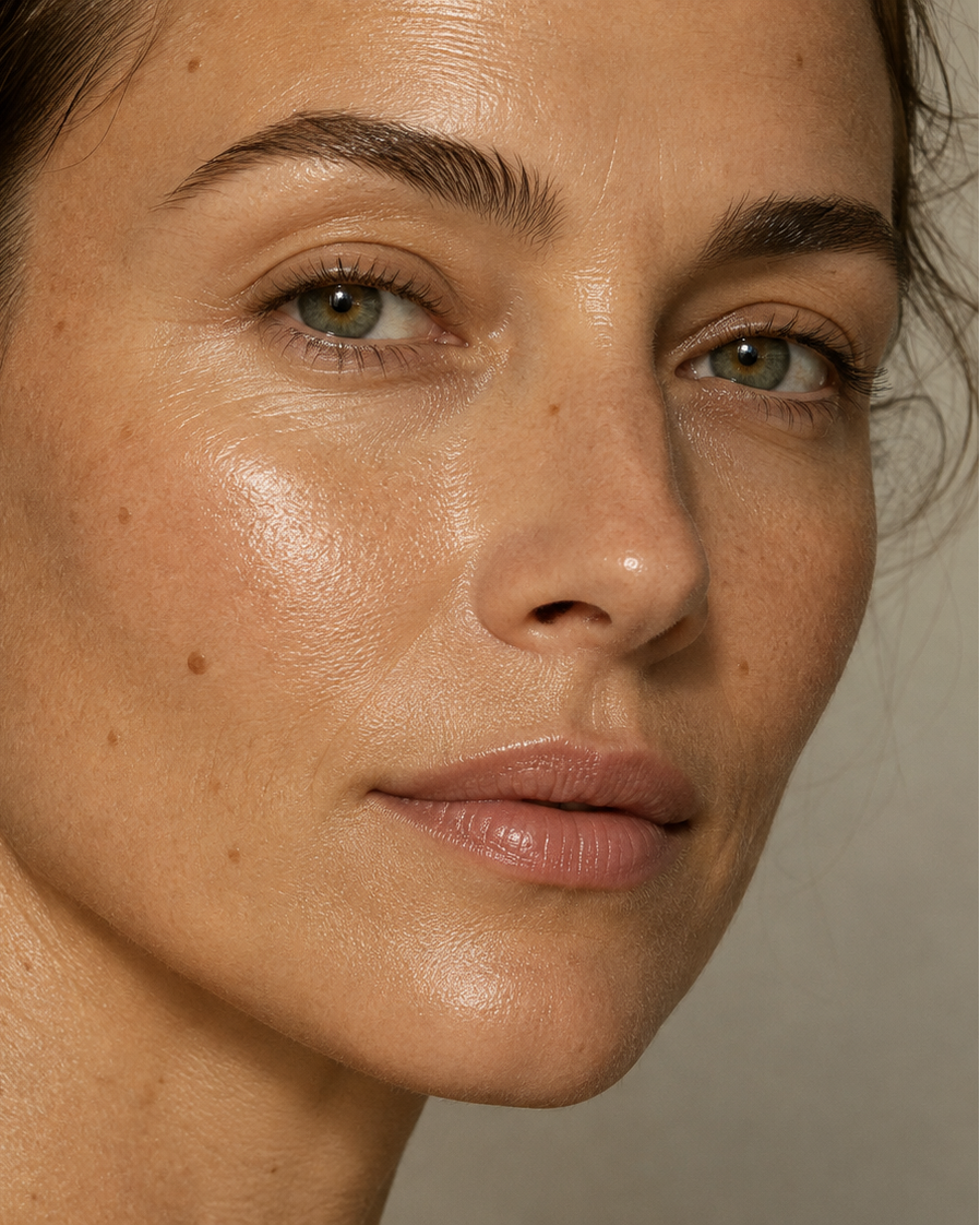 Close-up portrait of a woman's face showing natural skin texture, freckles, and subtle makeup on her lips and cheeks against a soft neutral background.