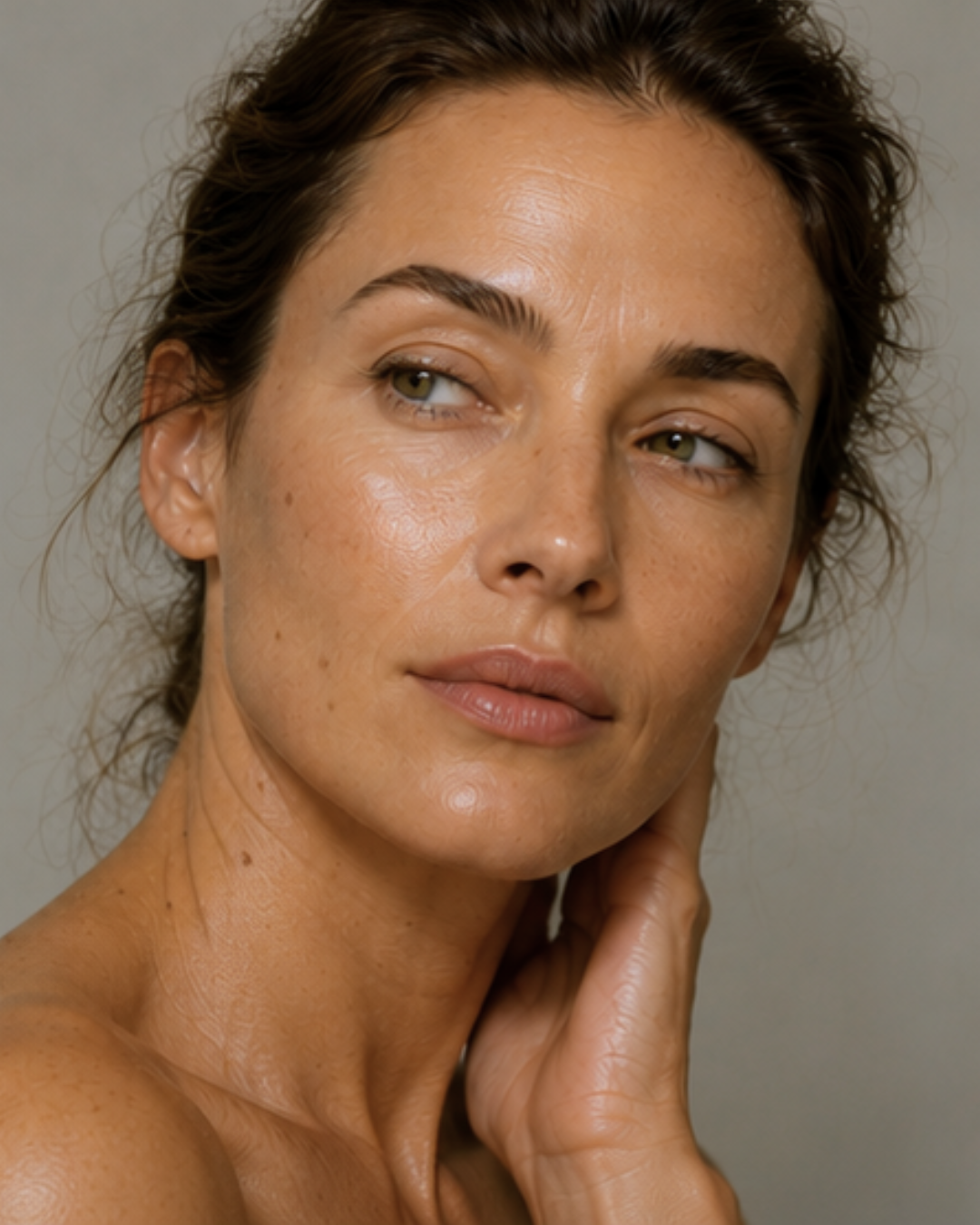 A close-up portrait of a woman with natural skin texture and no visible makeup or jewelry, looking off-camera against a plain gray background.