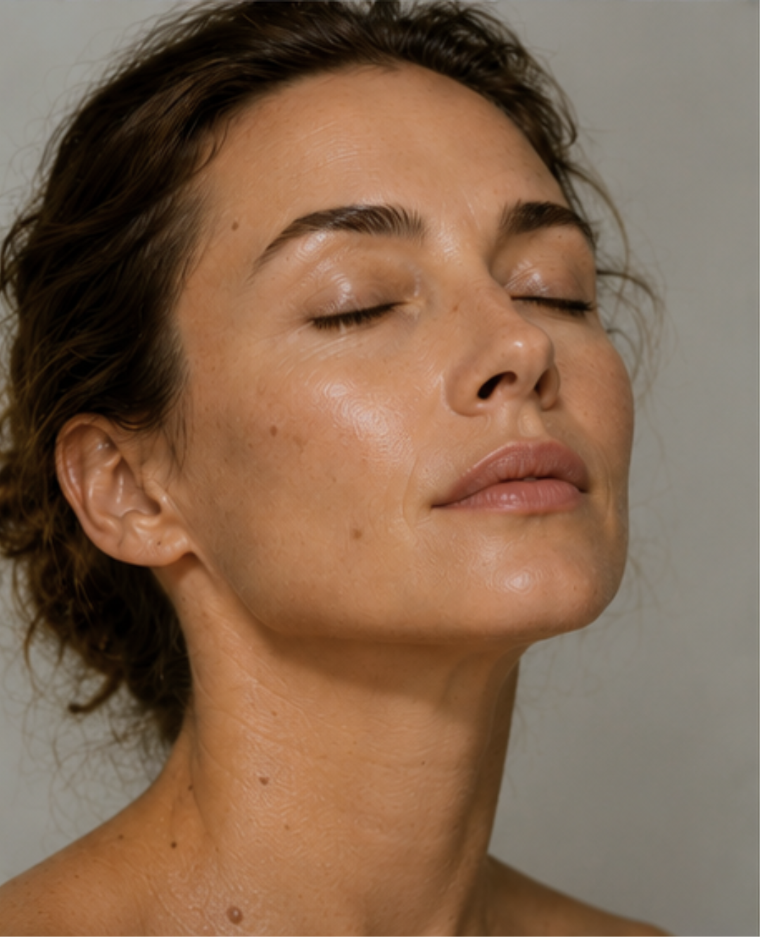 A close-up portrait of a woman with her eyes closed, showcasing a glowing, hydrated complexion against a neutral gray background.