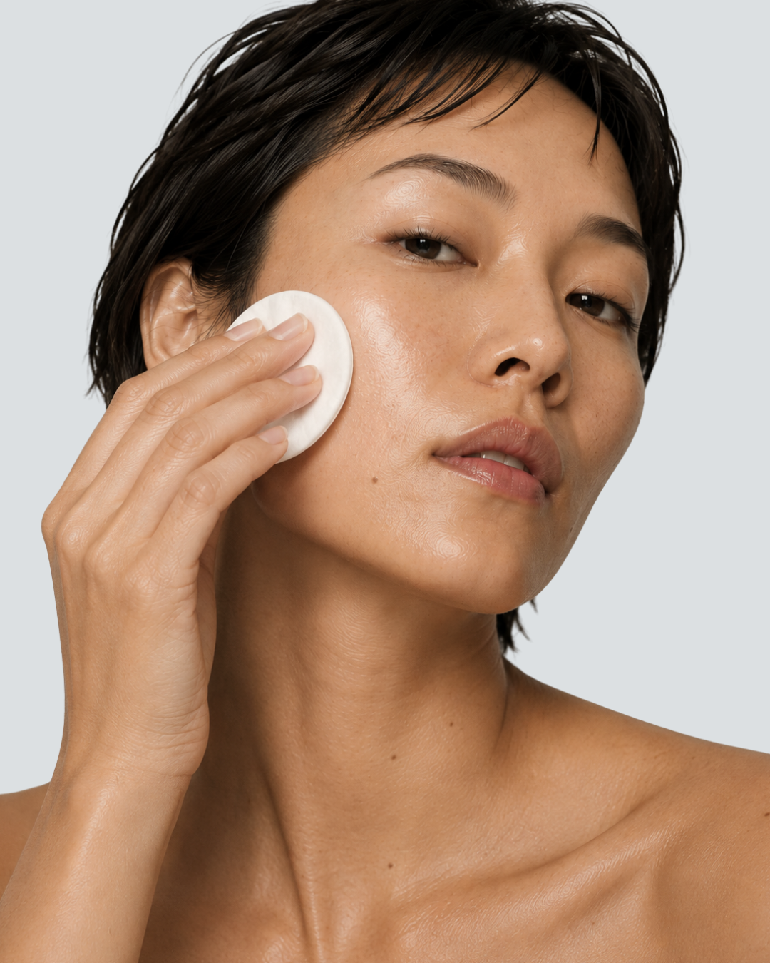 A close-up of a woman with short dark hair applying a white makeup sponge to her cheek against a light gray background.