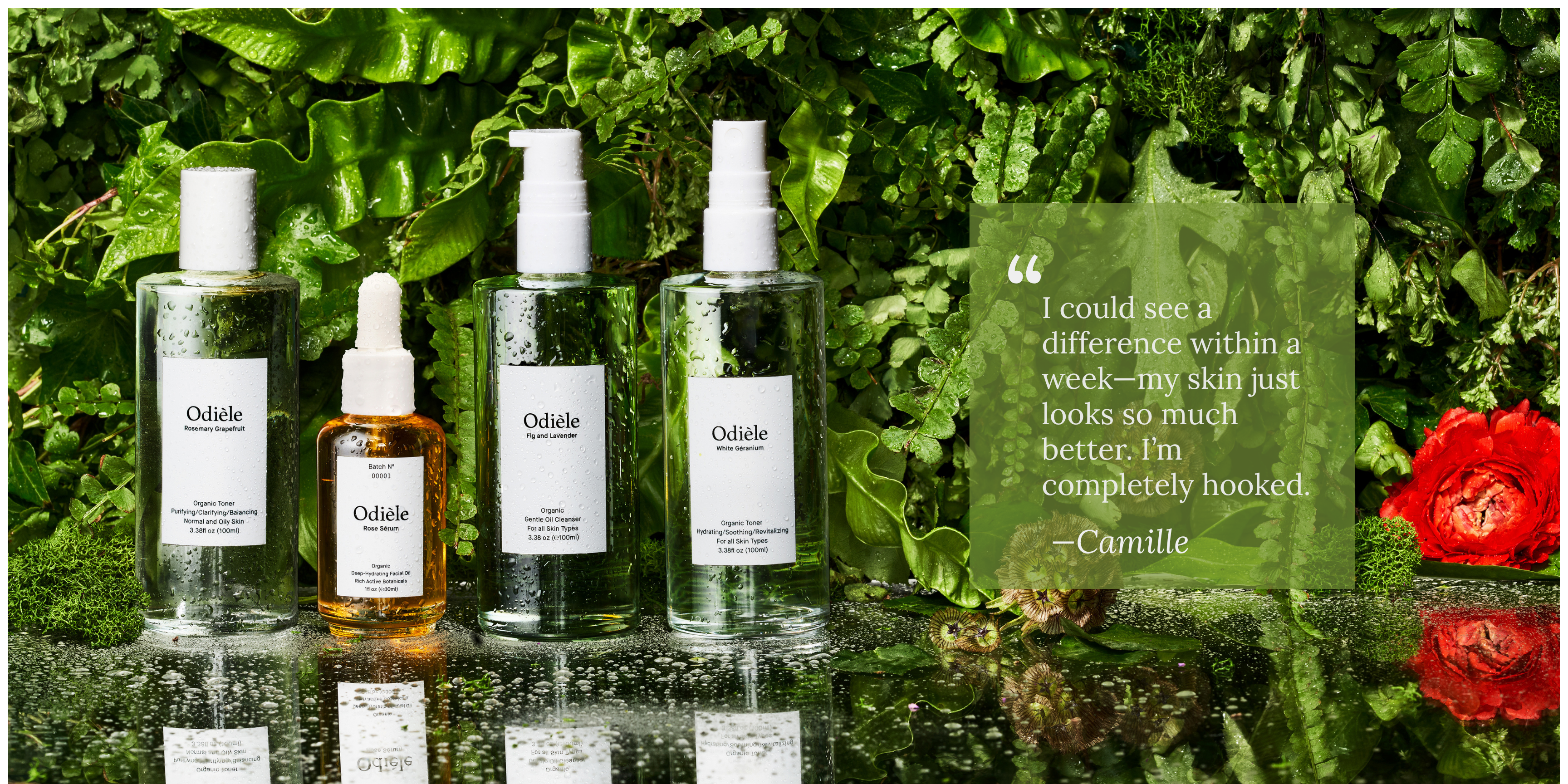 Four Oxide skincare bottles arranged on a glossy reflective surface against a lush green leaf background. The set includes two clear bottles with white caps, one amber dropper bottle with a white cap, and one clear spray bottle with a white pump.