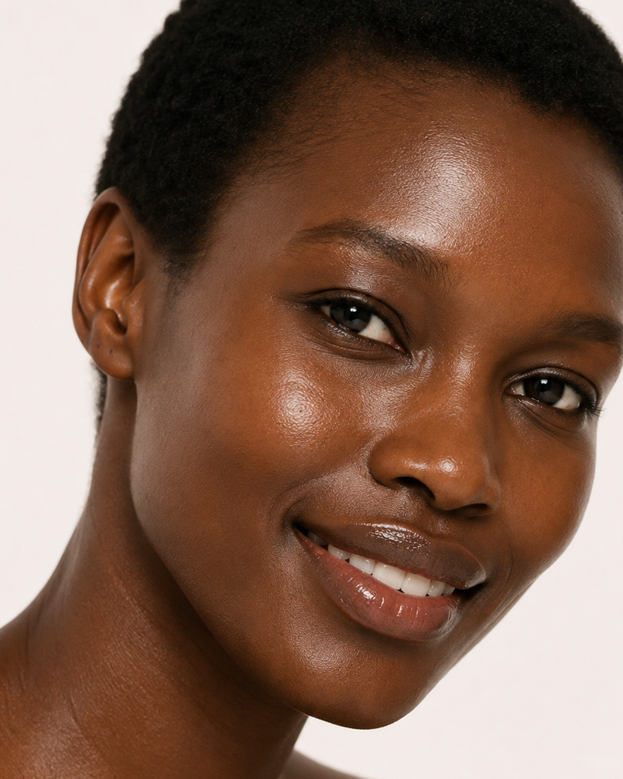 A close-up portrait of a woman with short dark hair, wearing a glossy nude lip color and looking directly at the camera against a plain light background.