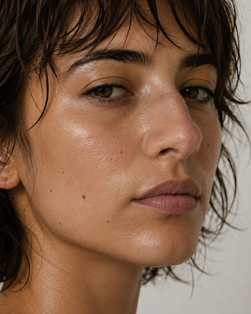 Close-up portrait of a woman with short, dark brown, wet-textured hair and a neutral expression against a plain light background.